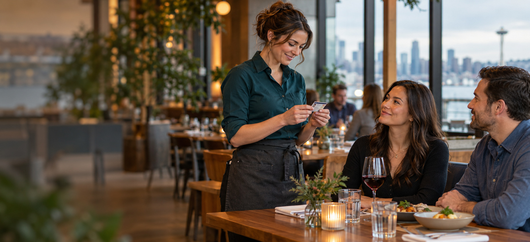 A restaurant server checking a guest’s identification